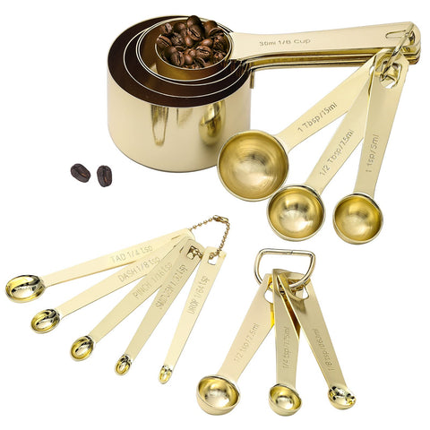 Esie Houzie gold measuring cups set 16 for precise ingredient measuring in recipes.