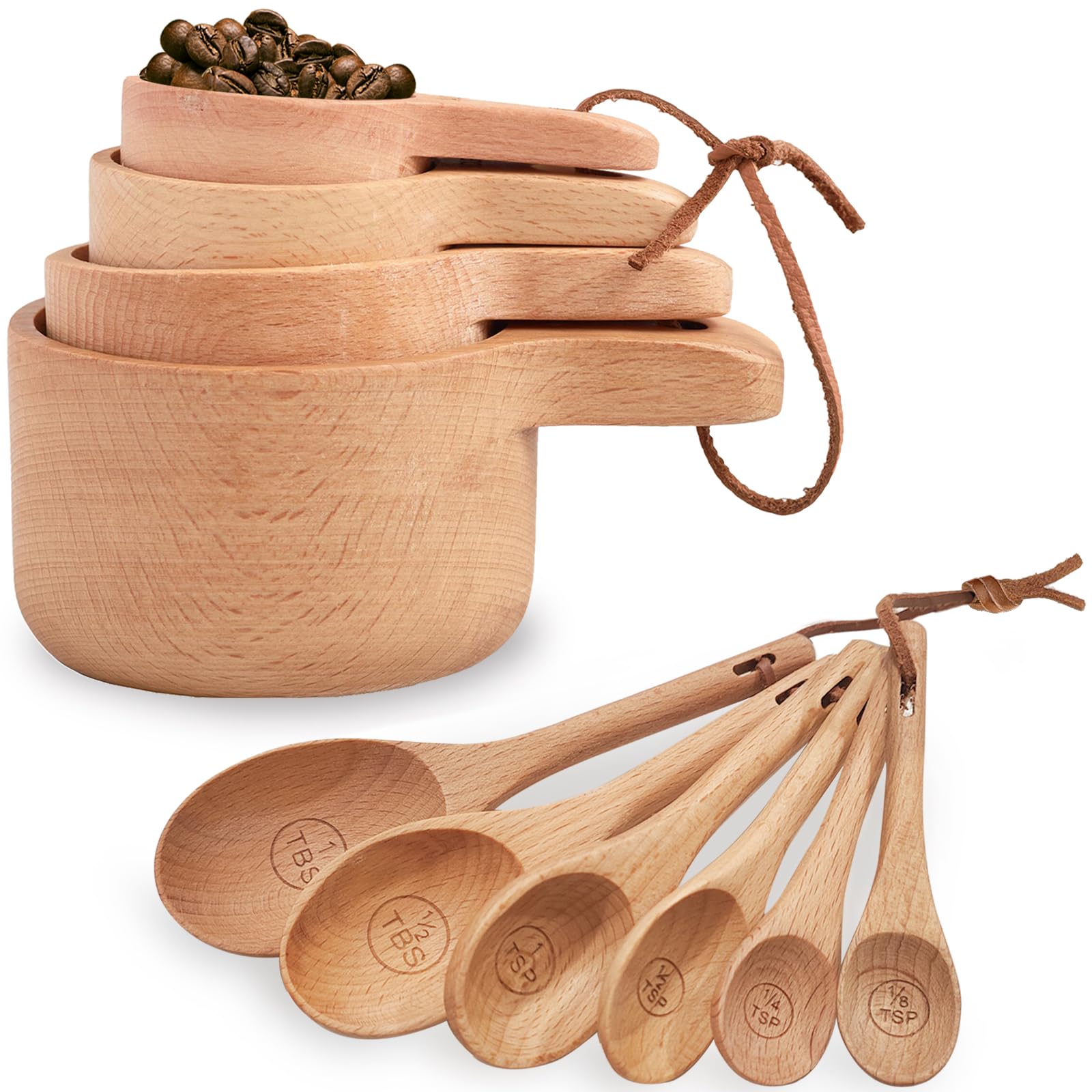 Esie Houzie wood measuring cups and spoons set on counter for precise dry ingredients