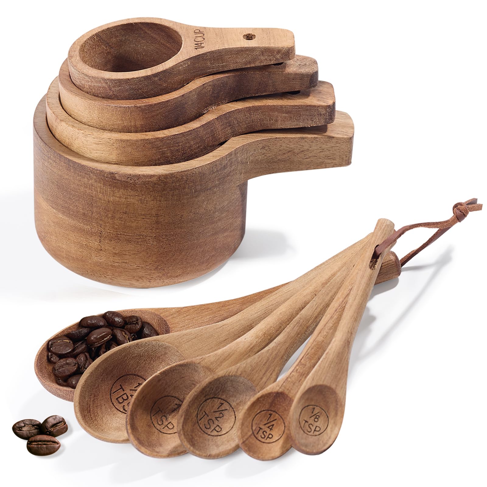 Esie Houzie 10pc measuring cups set in acacia wood for precise dry ingredient measuring.