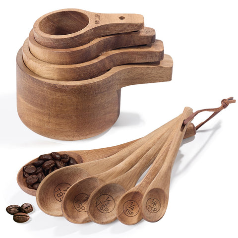 Esie Houzie 10pc measuring cups set in acacia wood for precise dry ingredient measuring.
