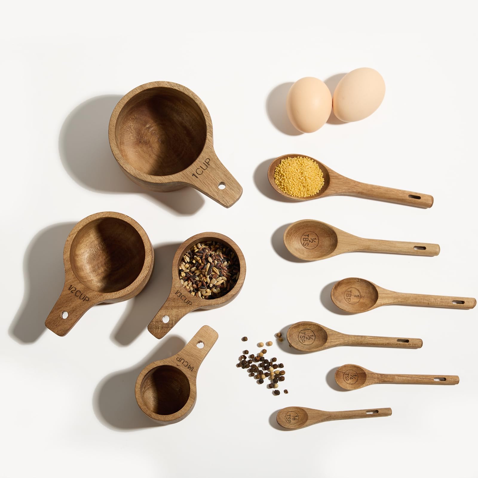 Esie Houzie handcrafted acacia cups evoke rustic charm and reliable measurements.