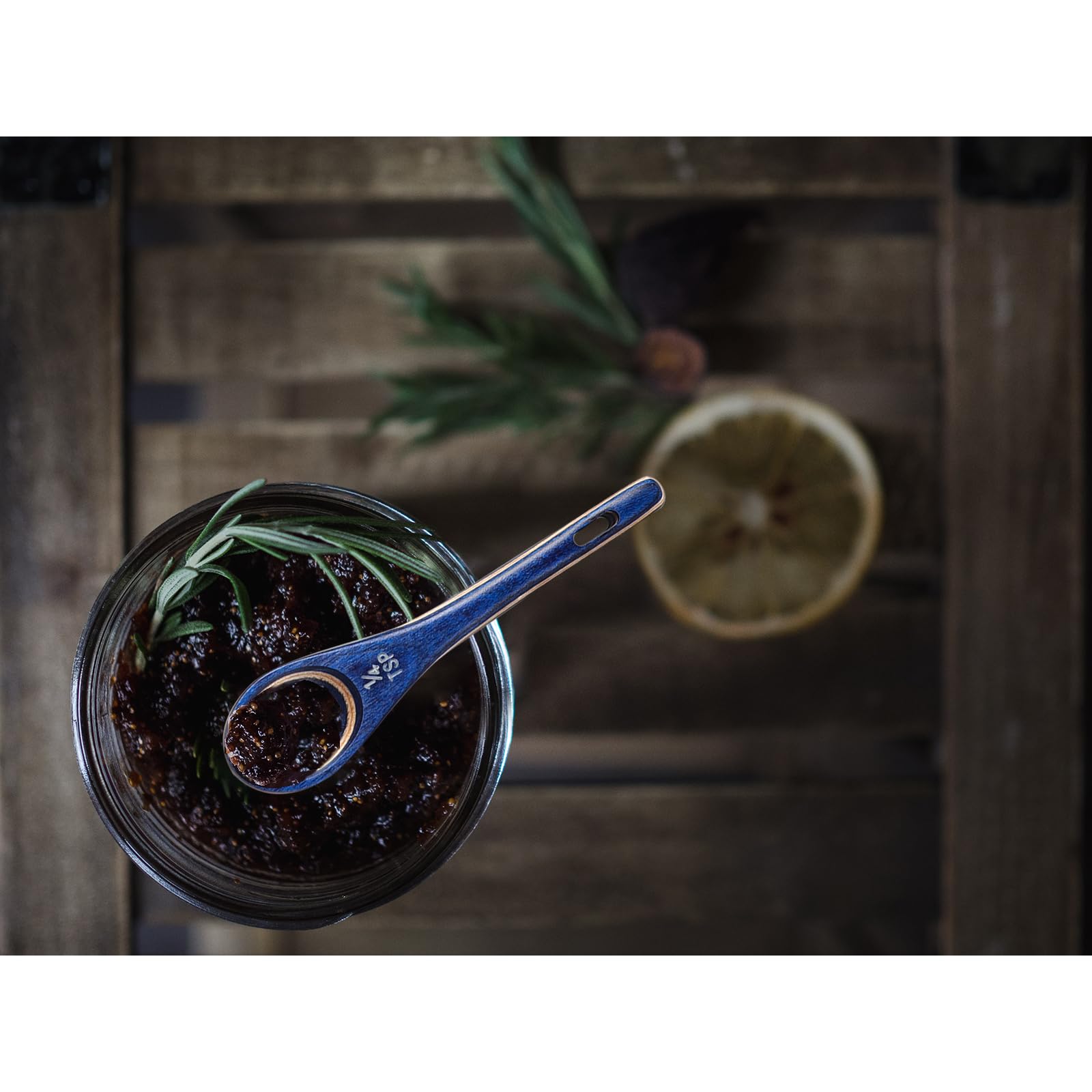 Esie Houzie measuring spoons feature a leather tie for easy grabbing