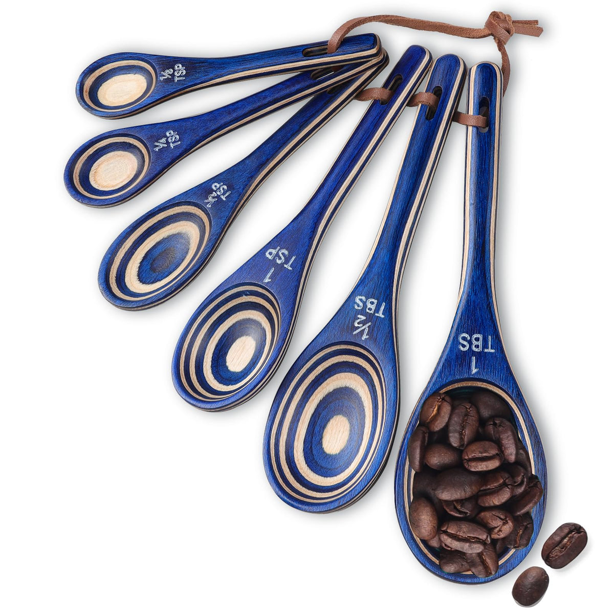 Esie Houzie navy blue pakkawood measuring spoons show durable kitchen measurements