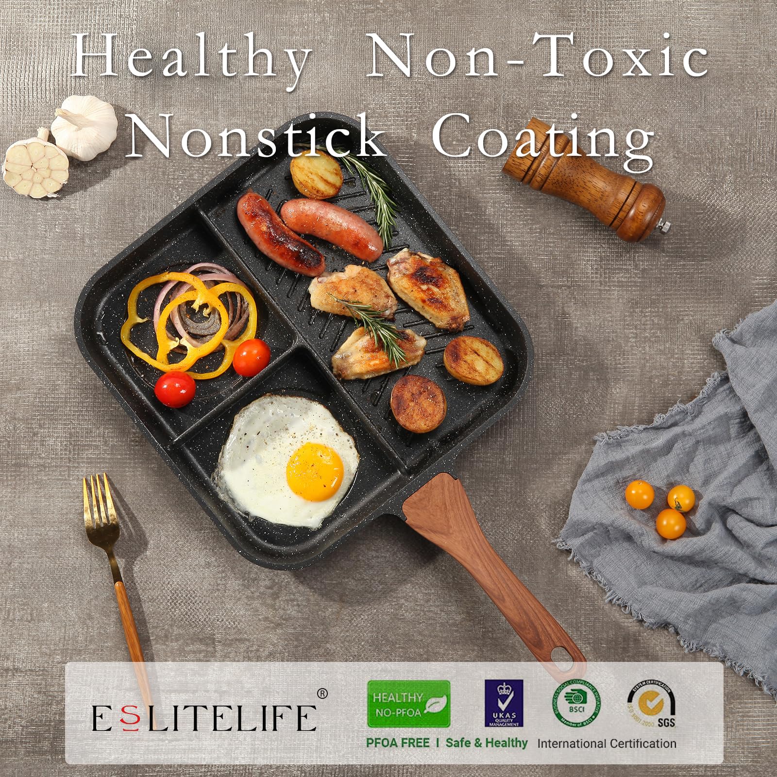 ESLITE LIFE grease channel directs fat to the sides for easier cleanup