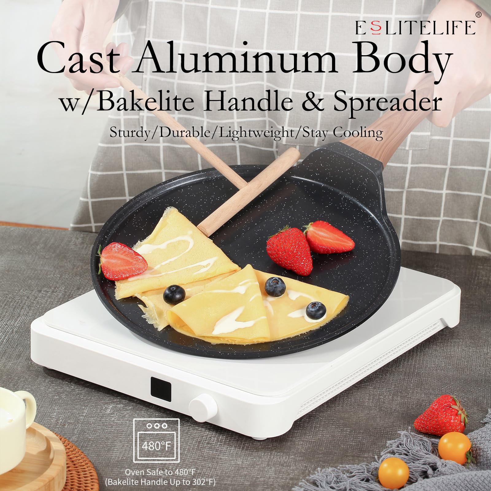 ESLITE LIFE bakelite handle stays cool during cooking sessions.