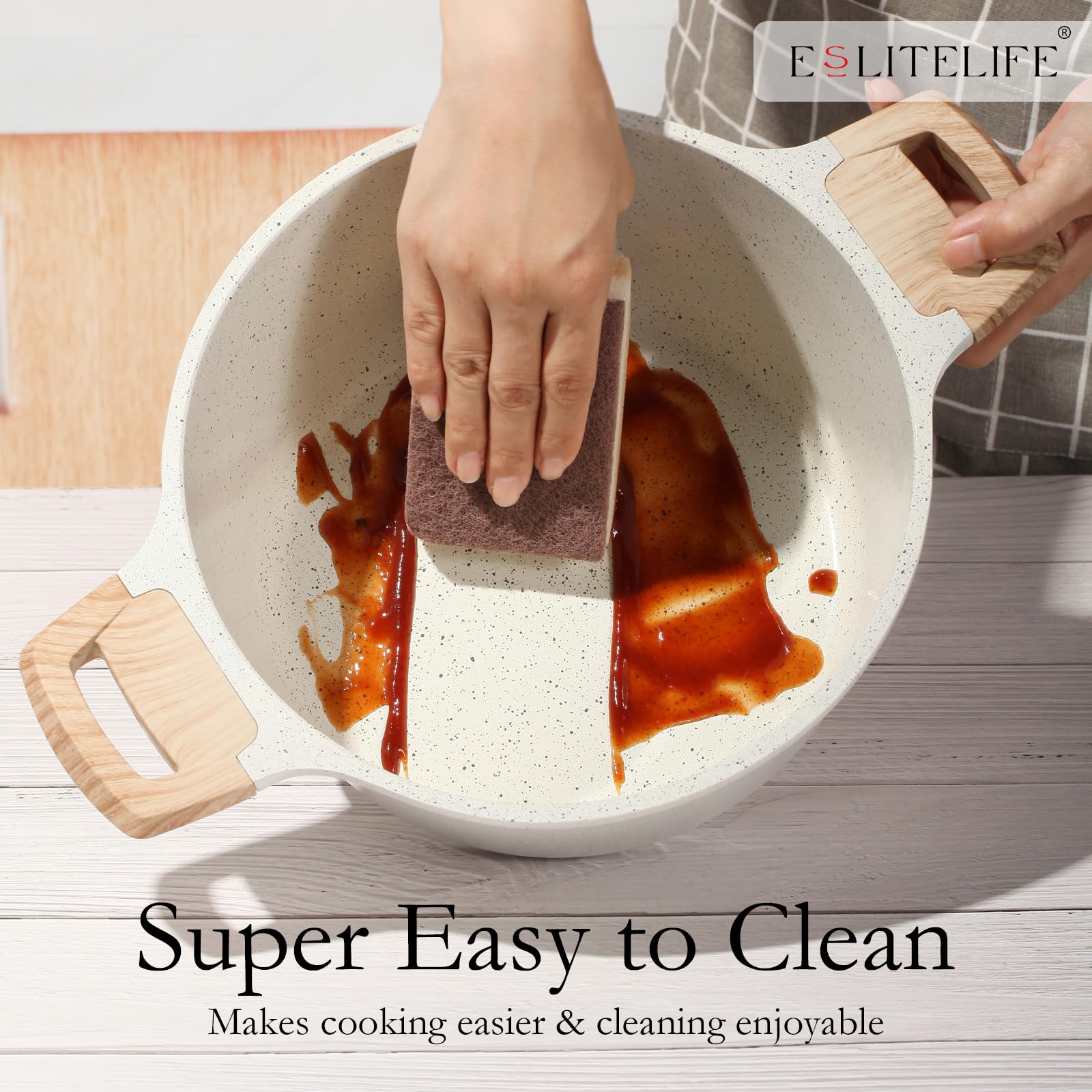 ESLITE LIFE bakelite handle ergonomic grip stays cool during cooking.