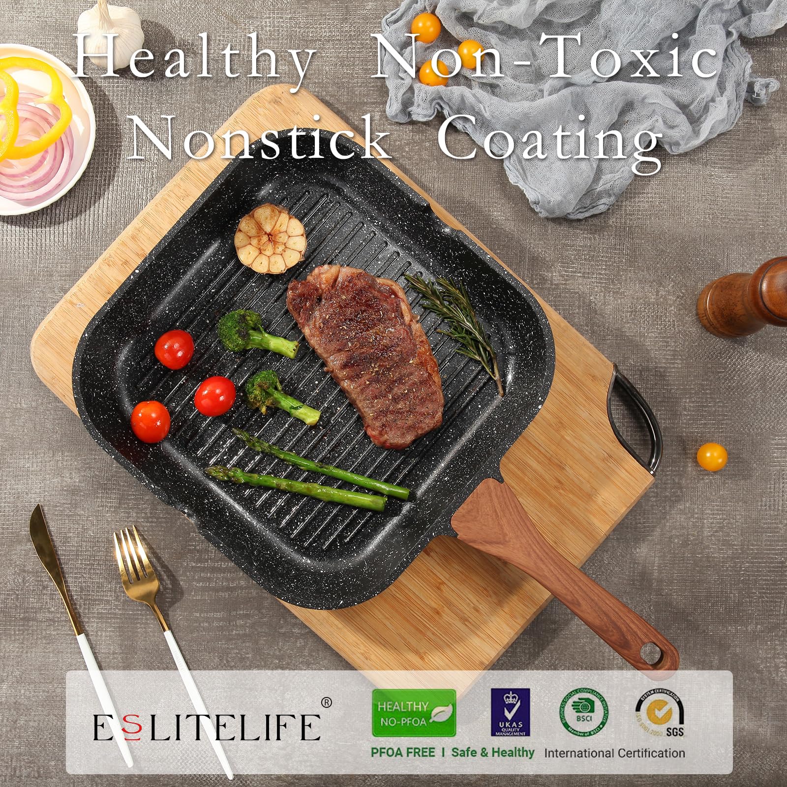 ESLITE LIFE ergonomic bakelite handle stays cool during cooking.