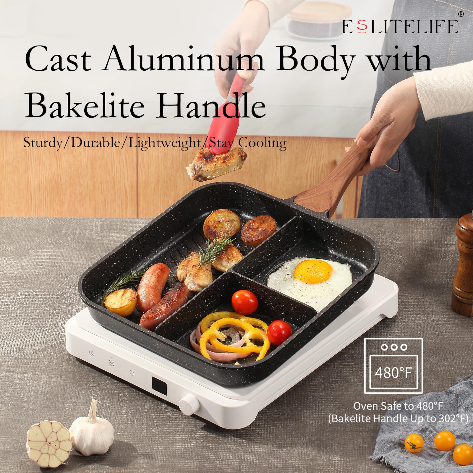 ESLITE LIFE heat-resistant bakelite handle stays cool during cooking.