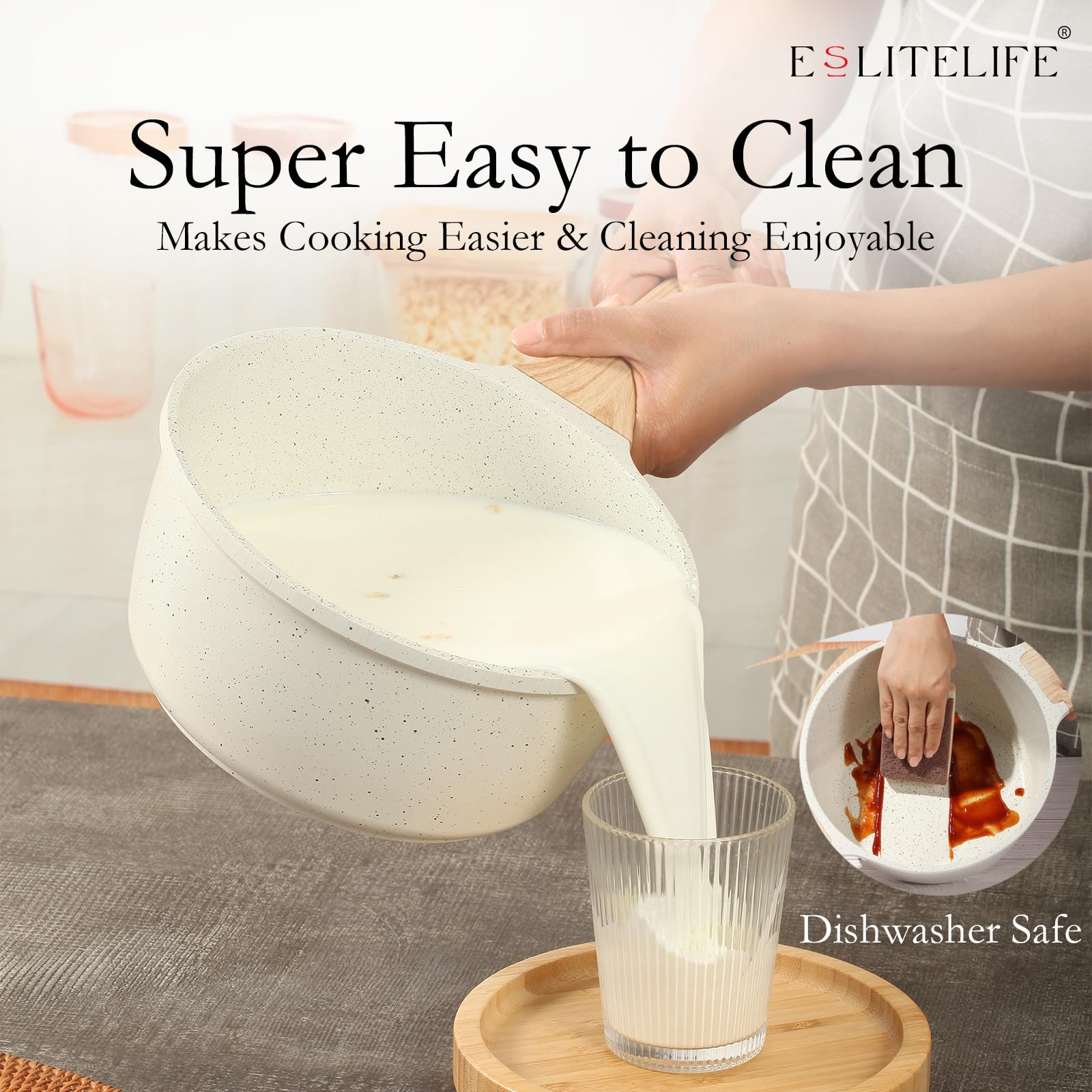 ESLITE LIFE sturdy bakelite handle stays cool during cooking sessions.