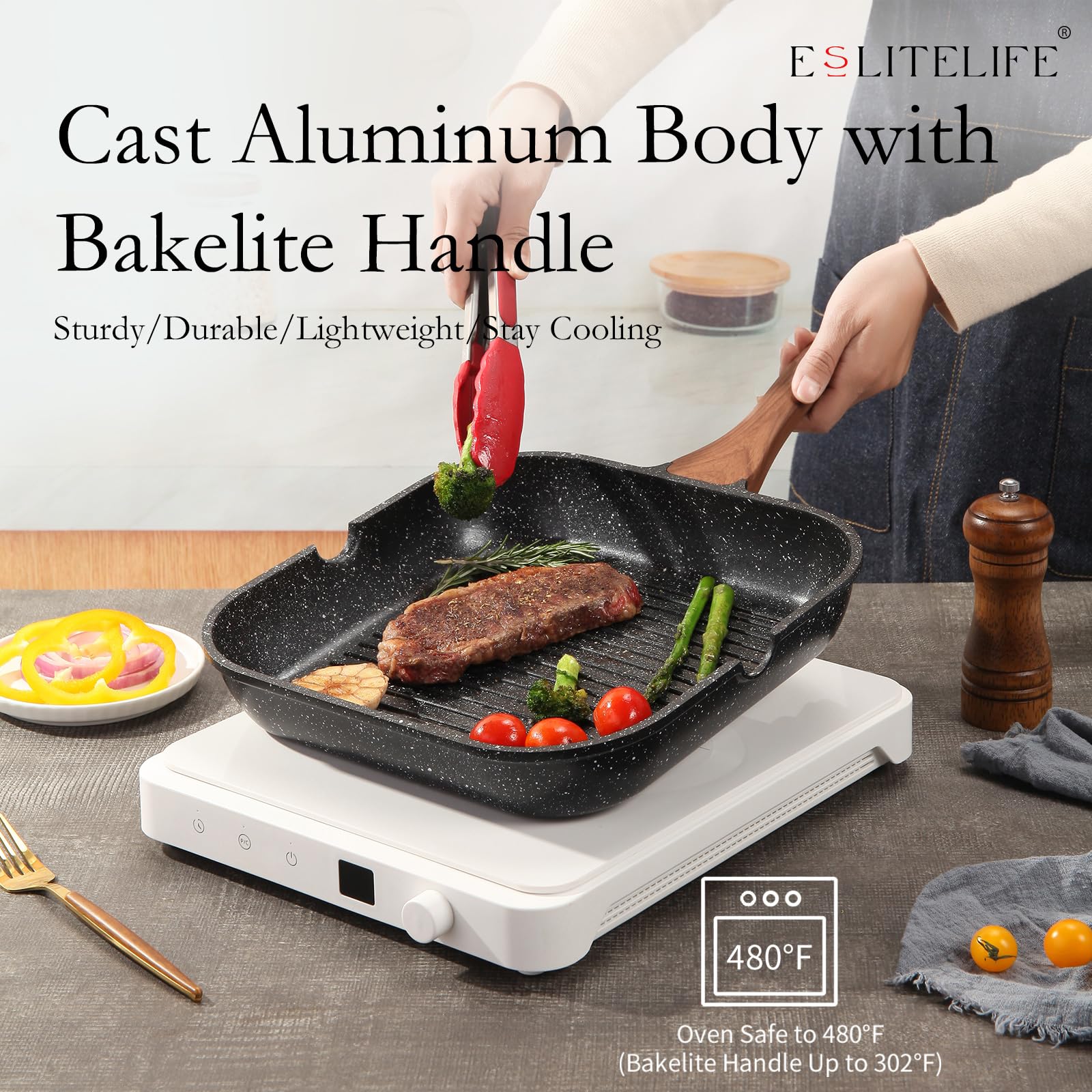 ESLITE LIFE die-cast aluminum grill pan for quick, even heat distribution.