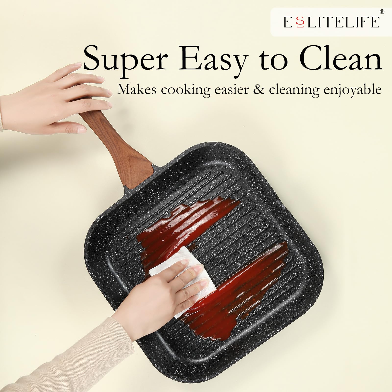 ESLITE LIFE double pour spouts help drain excess oil during cooking.