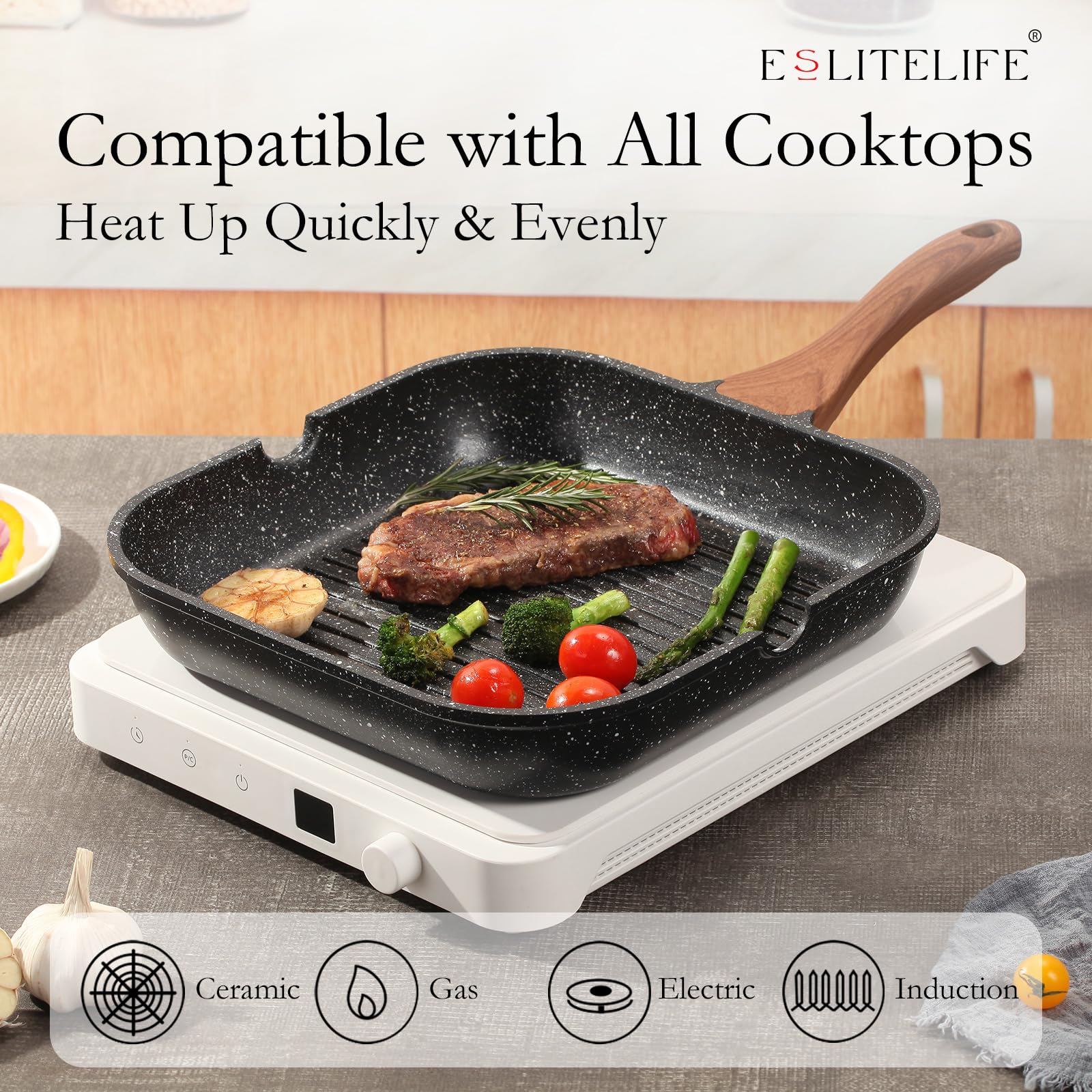ESLITE LIFE double pour spouts help drain excess oil during cooking.