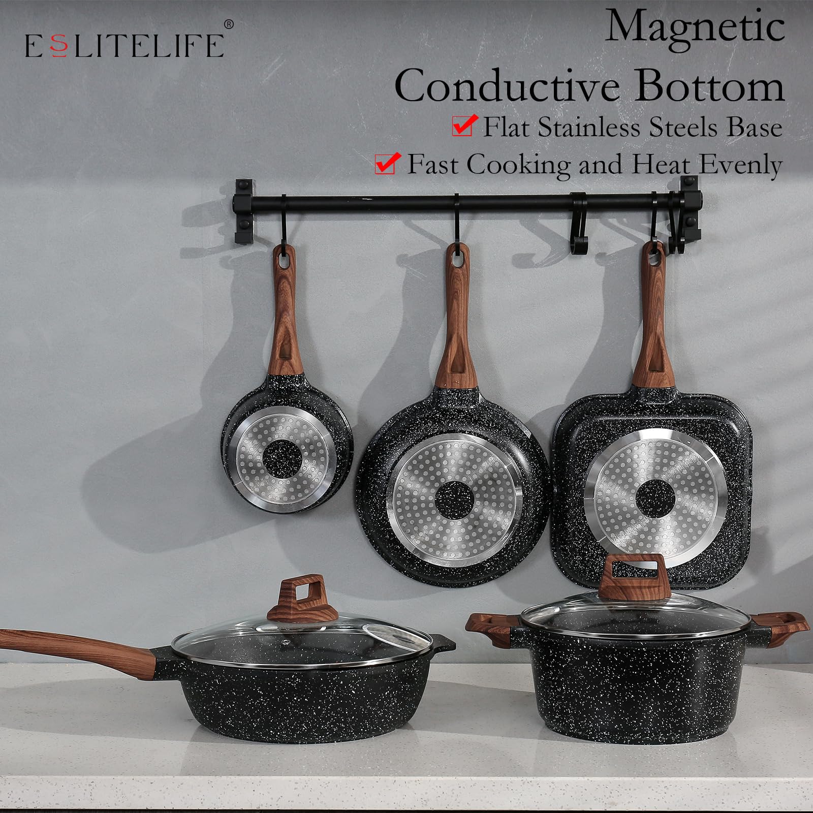 ESLITE LIFE easy-clean granite coating reduces scrubbing after cooking