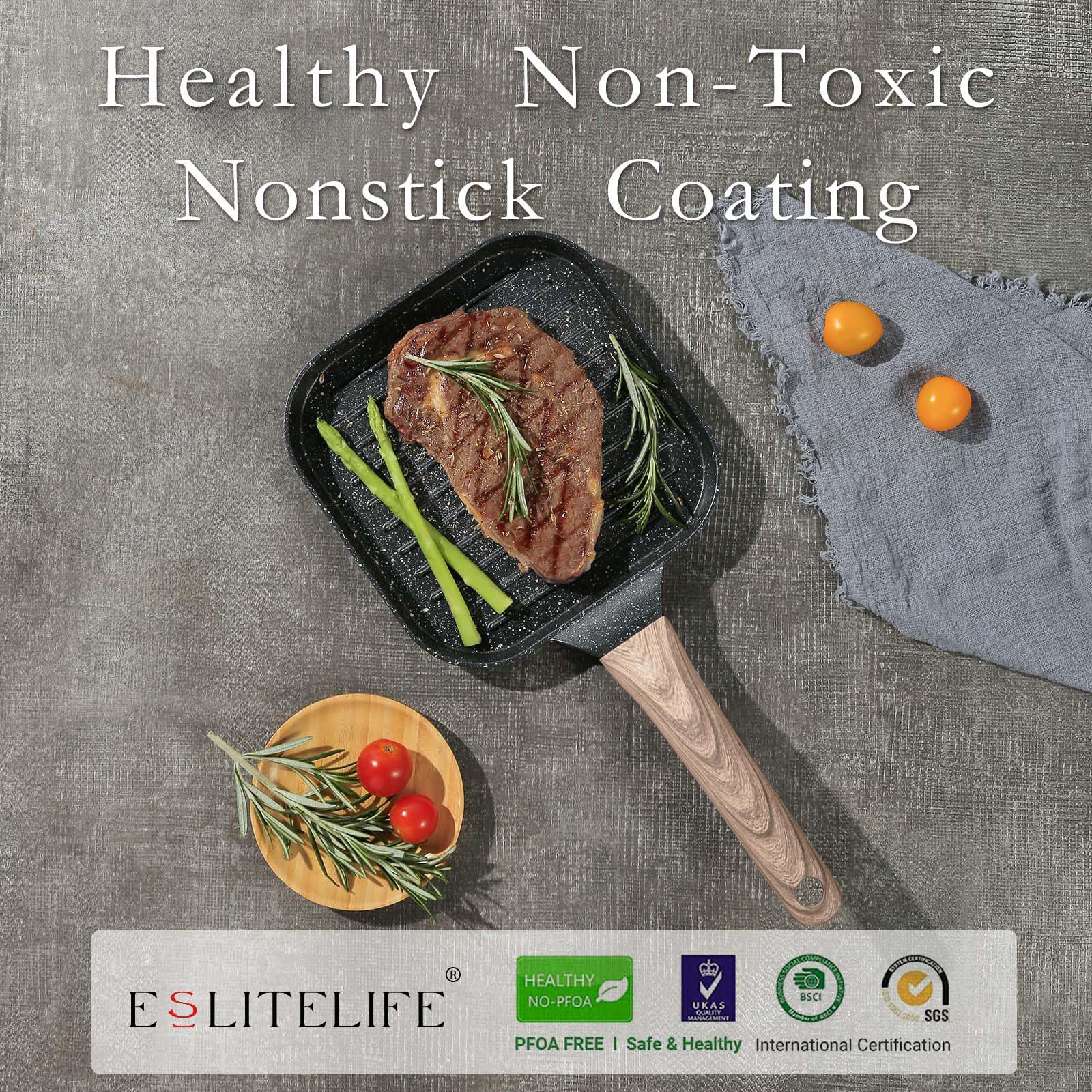 ESLITE LIFE grill pan with grease drains via pour spouts.
