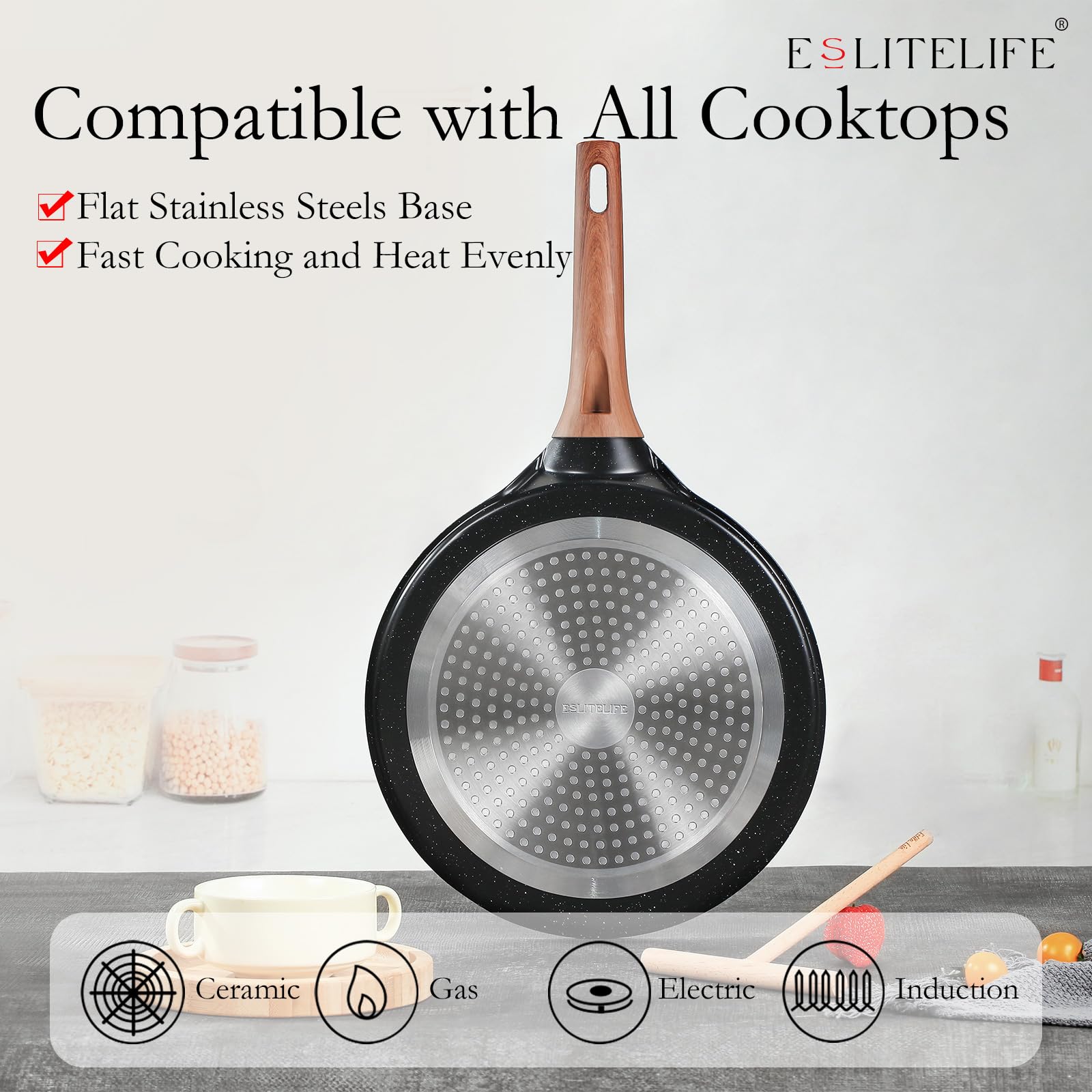 ESLITE LIFE induction-compatible base, magnetic heat transfer on any cooktop.
