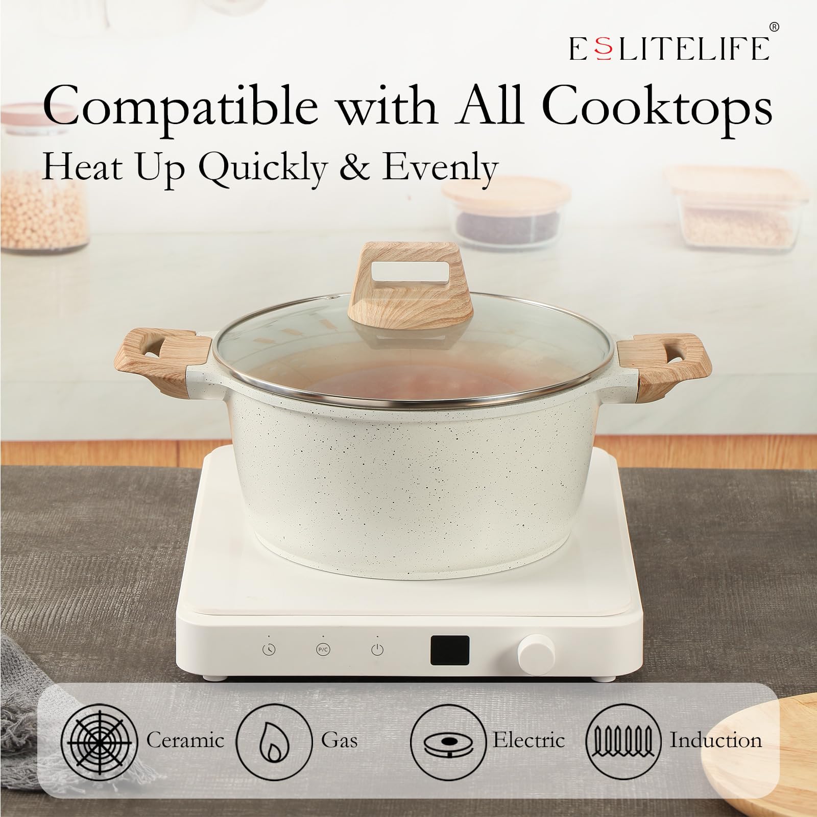 ESLITE LIFE induction-compatible base heats quickly and evenly.