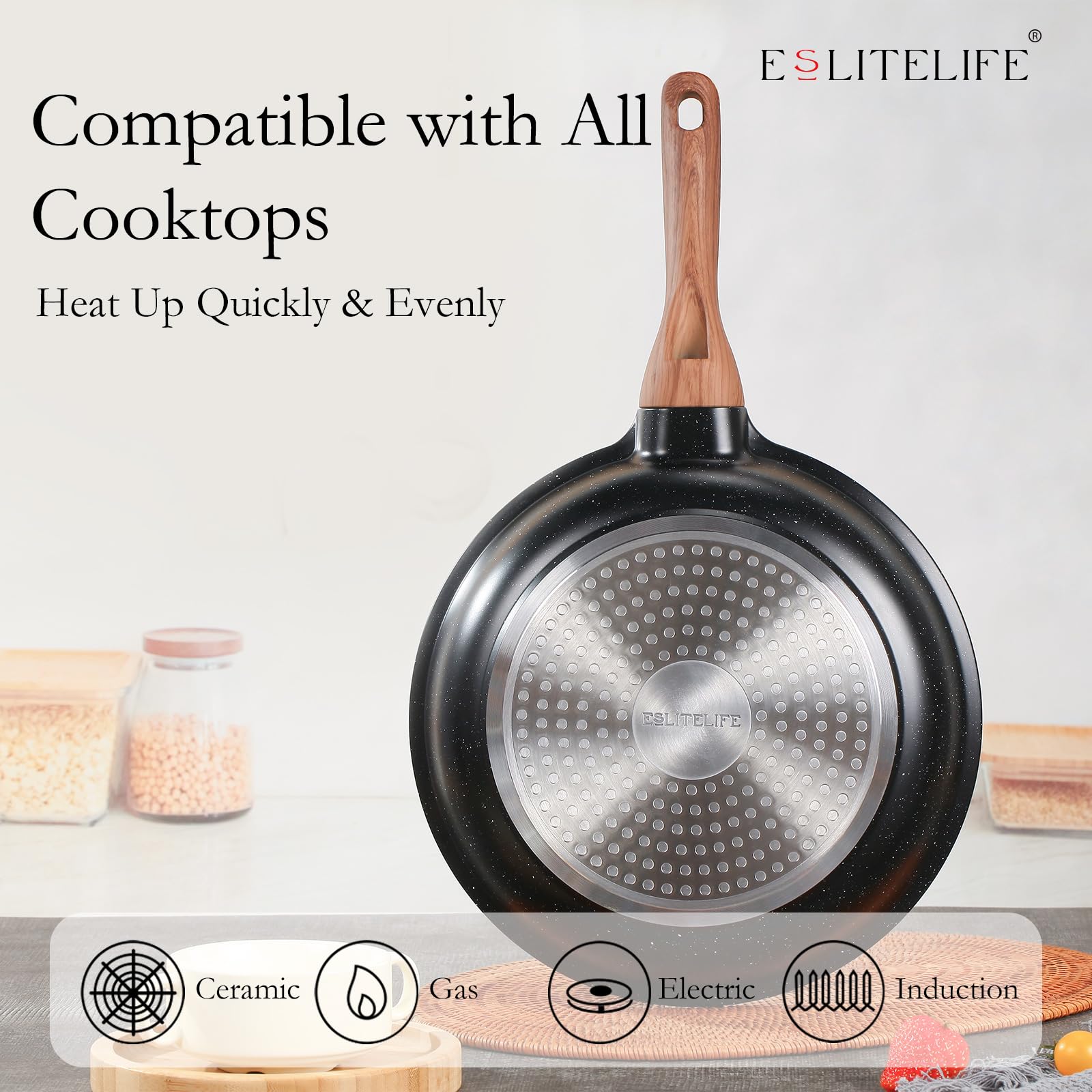 ESLITE LIFE magnetized base delivers even heat on gas, electric, or induction.