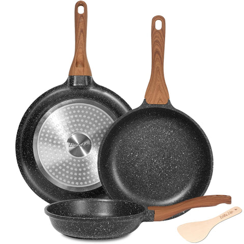 ESLITE LIFE nonstick ceramic frying pan set on stove, easy egg release and cleanup