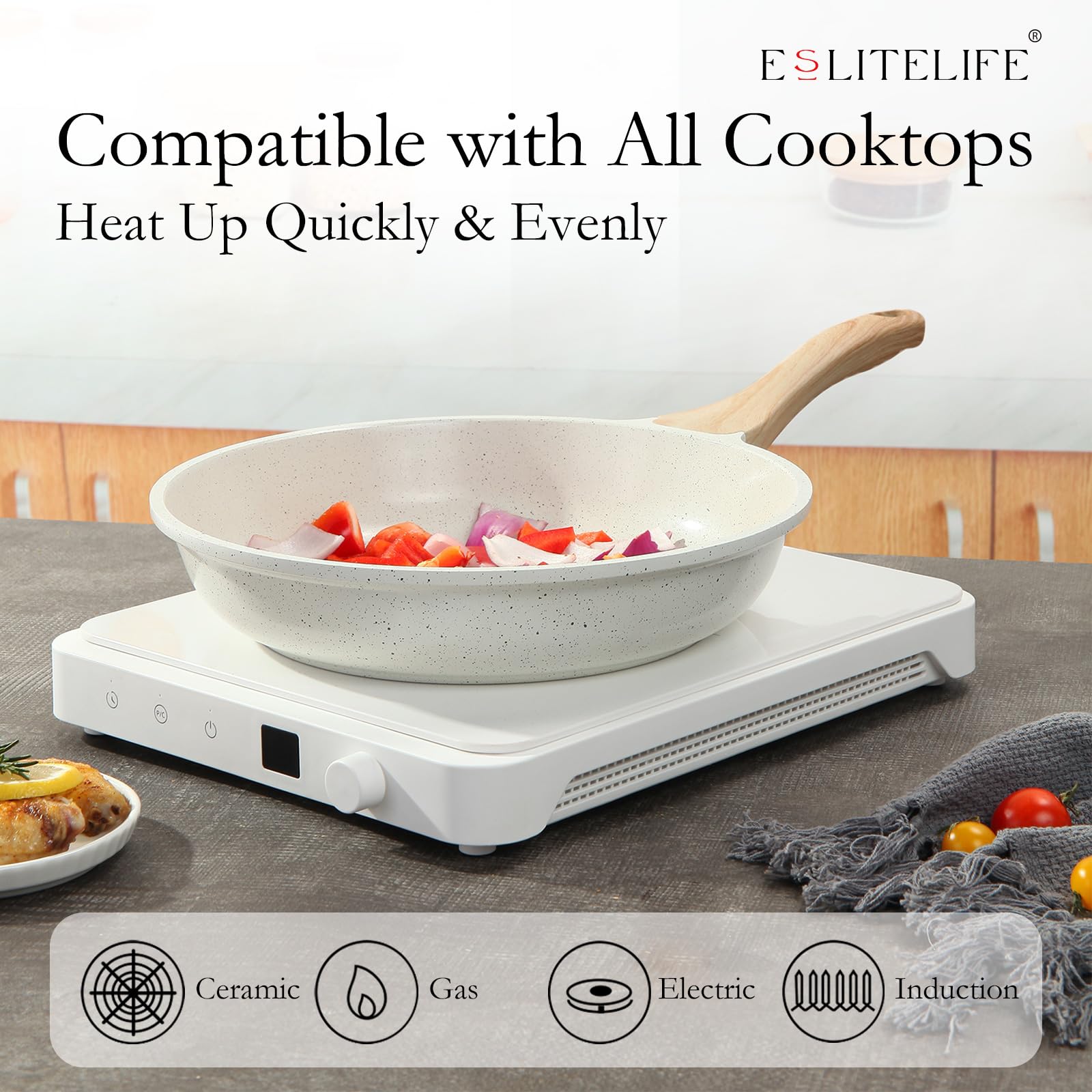 ESLITE LIFE ceramic surface cleans easily after cooking veggies.