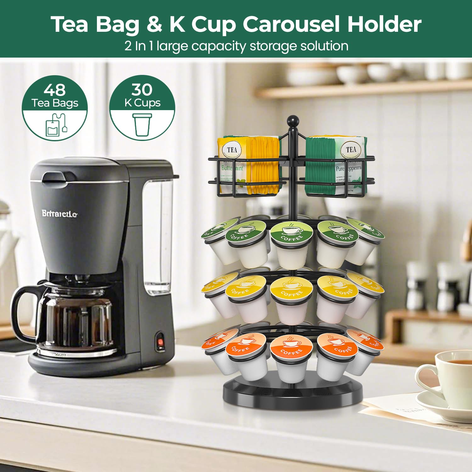 EsLuker.ly coffee-pod-and-tea-bag-rack keeps beverages neatly organized on the counter.