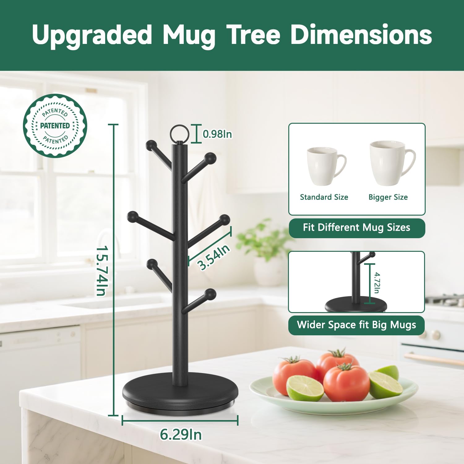 EsLuker.ly mug holder tree with six hooks keeps mugs organized and visible