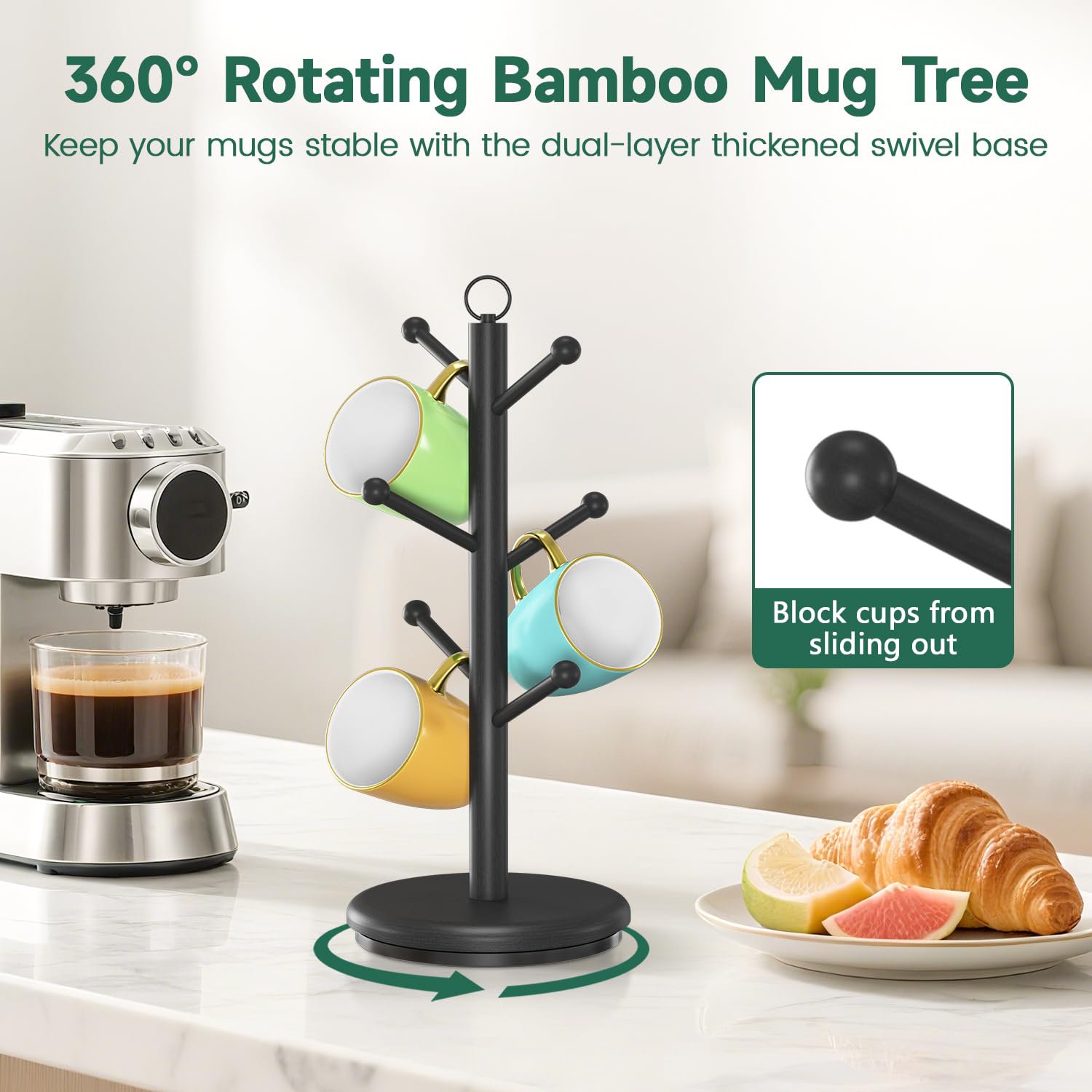 EsLuker.ly mug holder tree fits under cabinets, keeping counters clear