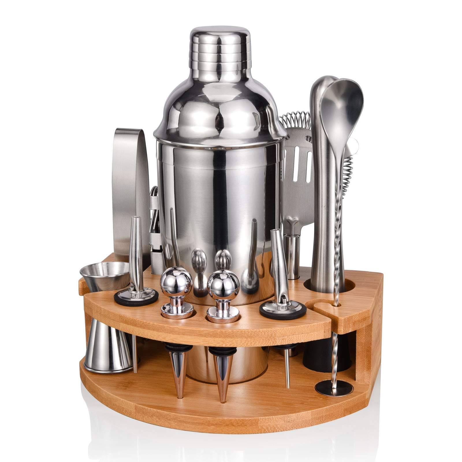 Esmula Bartender Kit with bamboo stand showcases professional-grade tools for home entertaining.