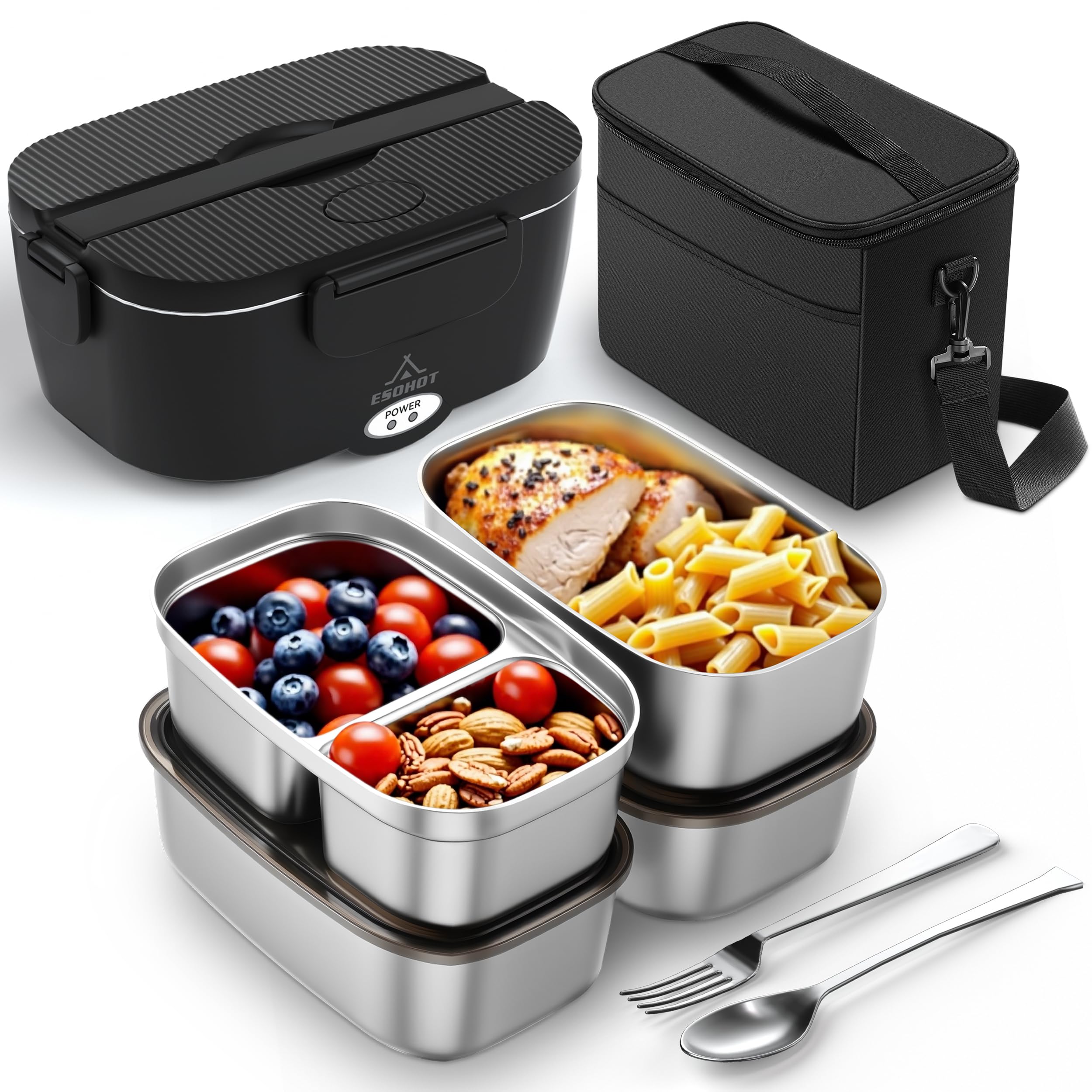 ESOHOT heated lunch box front view showing 120W fast heating for hot meals