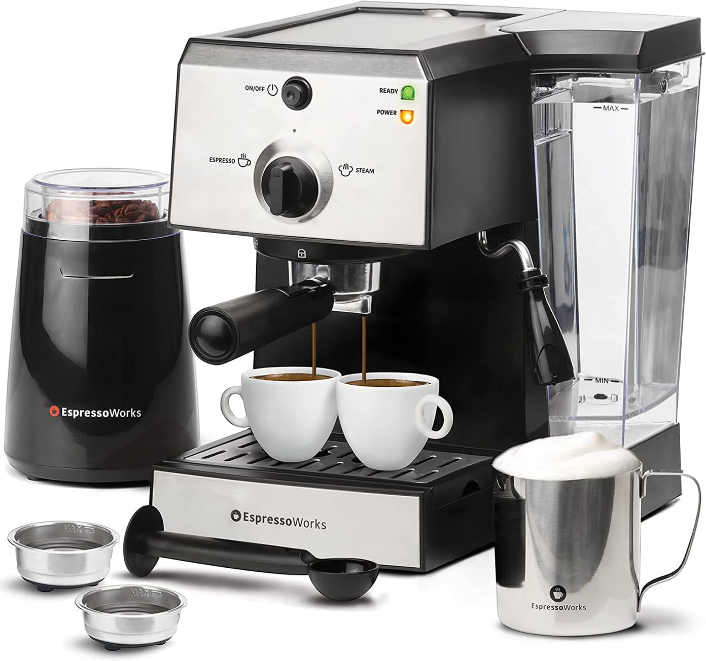 EspressoWorks all-in-one espresso machine front view for compact home kitchens