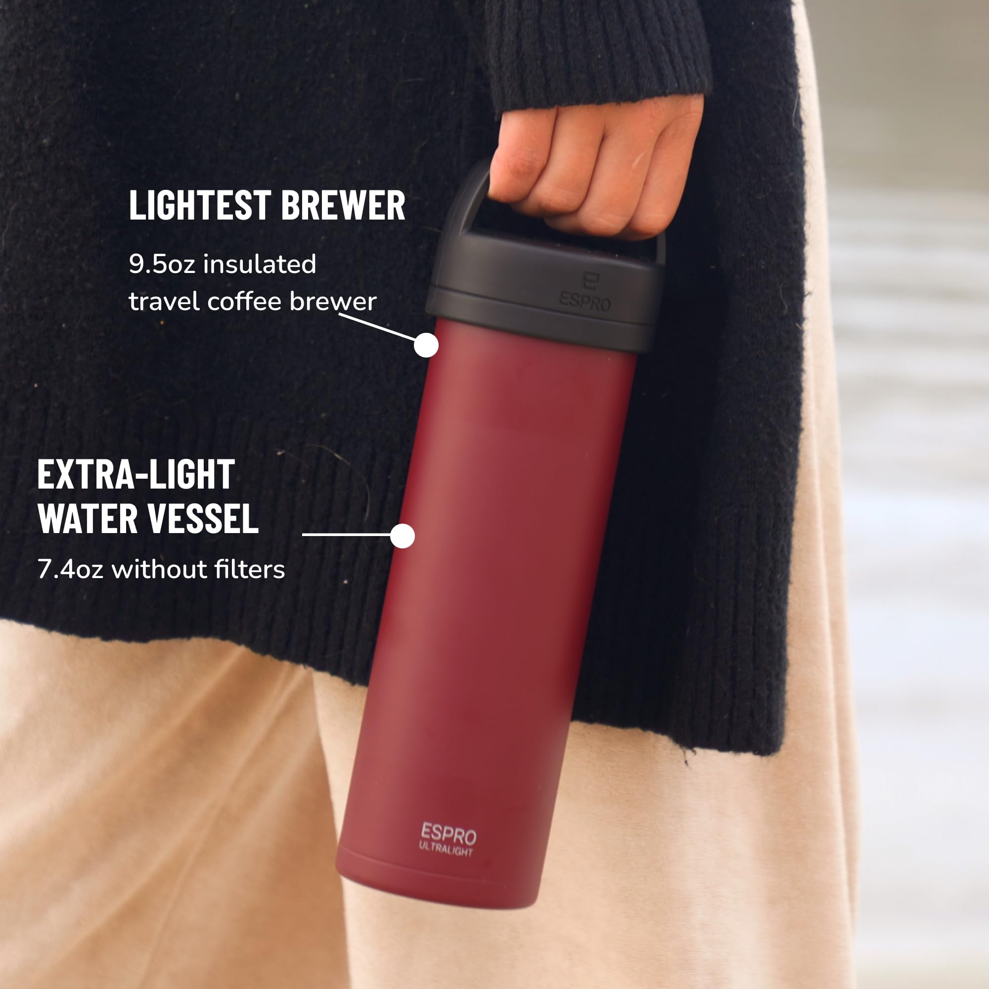 ESPRO P0 Ultralight Travel Press cranberry finish adds style for travel.