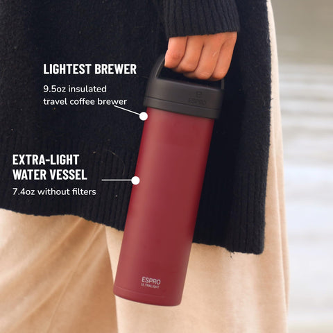 ESPRO P0 Ultralight Travel Press cranberry finish adds style for travel.