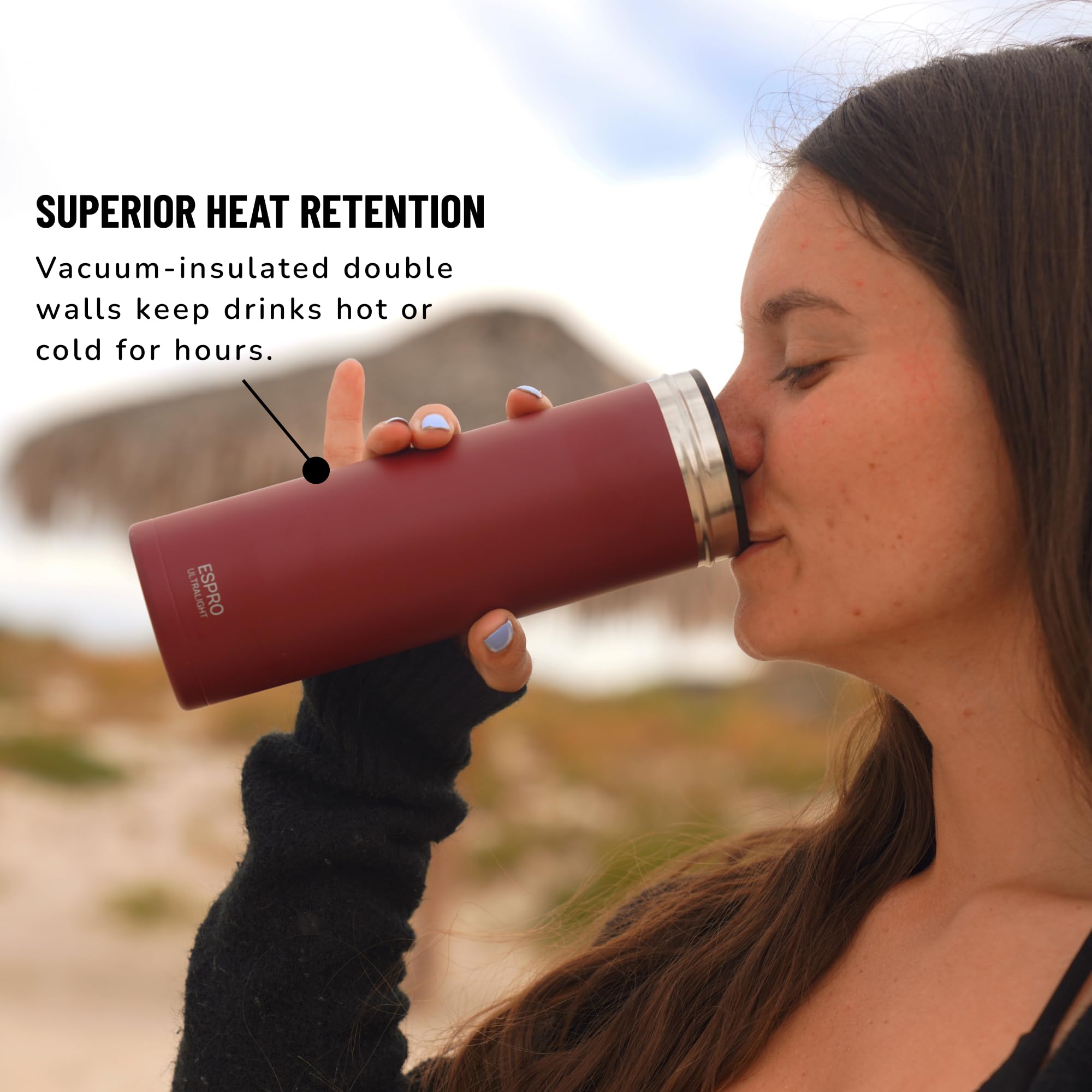 ESPRO P0 Ultralight Travel Press hot coffee on the go with long heat retention.
