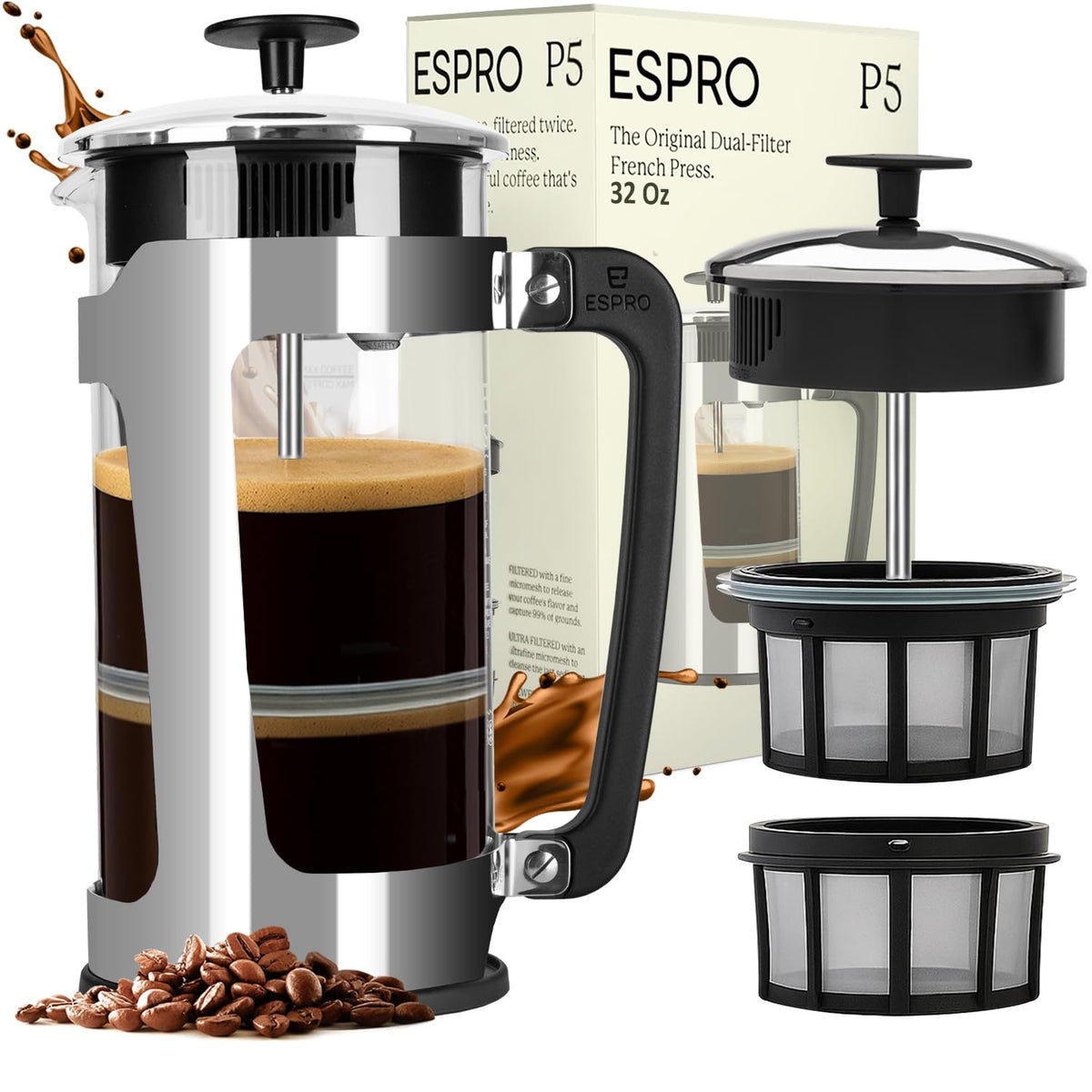 ESPRO P5 double microfilter delivers grit-free, smooth coffee.