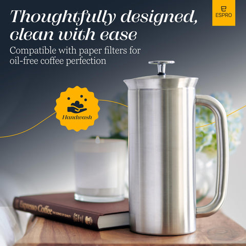 Espro P7 32oz capacity illustration highlights ample brew for gatherings.