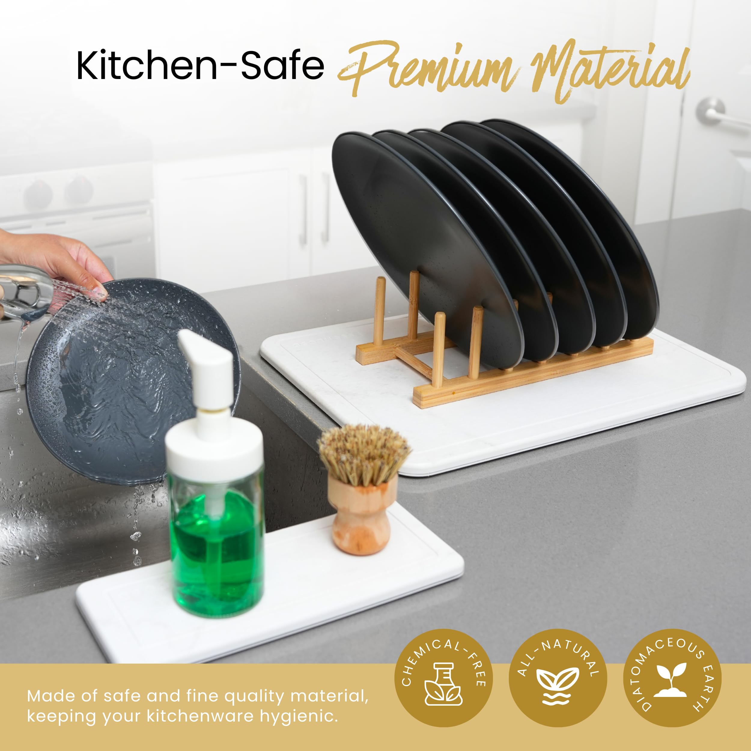 Essencoso collapsible metal rack stores the drying mat when not in use.