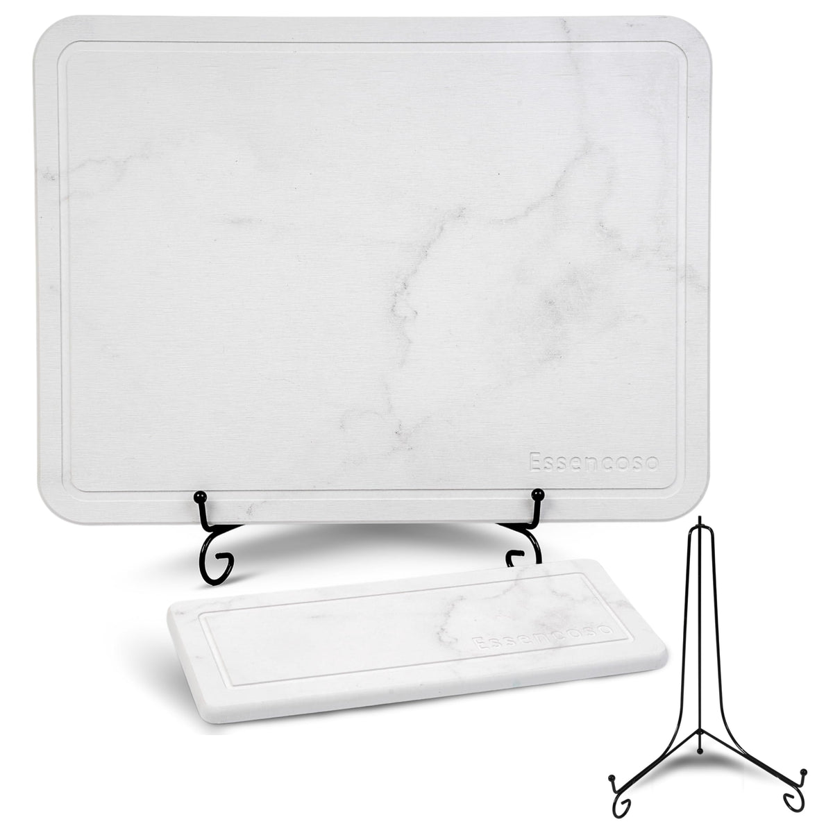 Essencoso stone drying mat on a kitchen counter with modern marble design and fast absorption.
