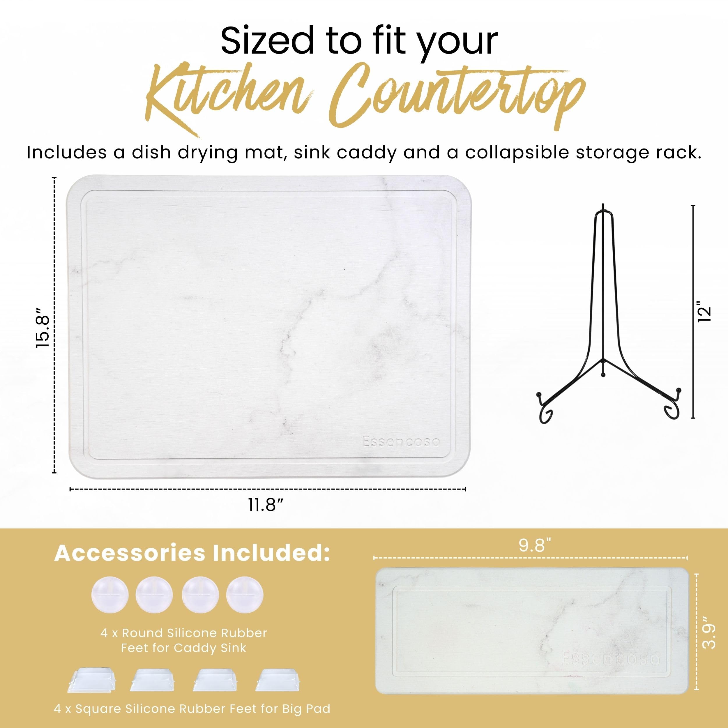 Essencoso stone drying mat beside the sink area with a collapsible rack for space saving.