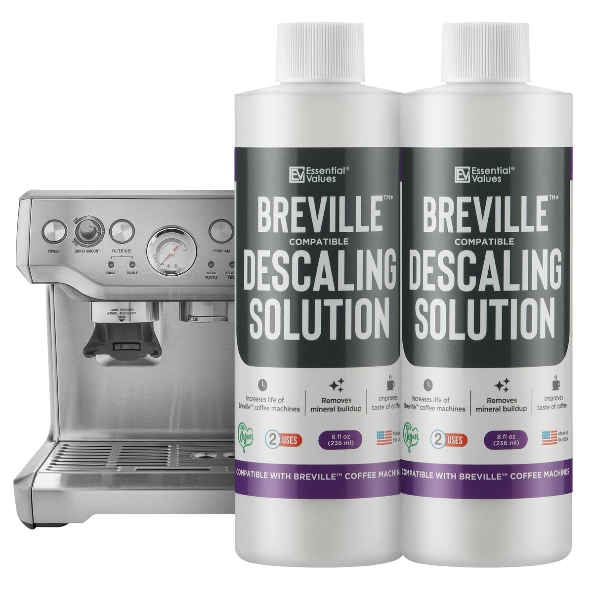 Essential Values Breville descaling solution 8oz bottle clears limescale for smooth brewing.