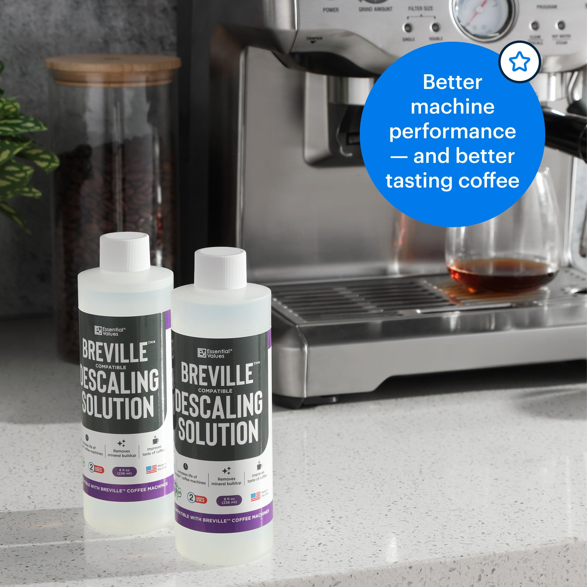 Essential Values Breville descaling solution pour action restores machine performance.