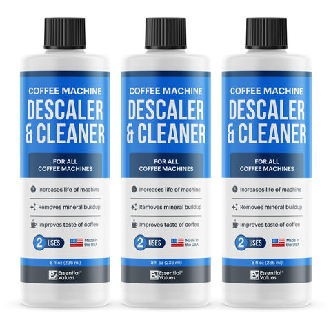 Essential Values coffee descaler 8oz bottle pour keeps machines clean and flavorful.