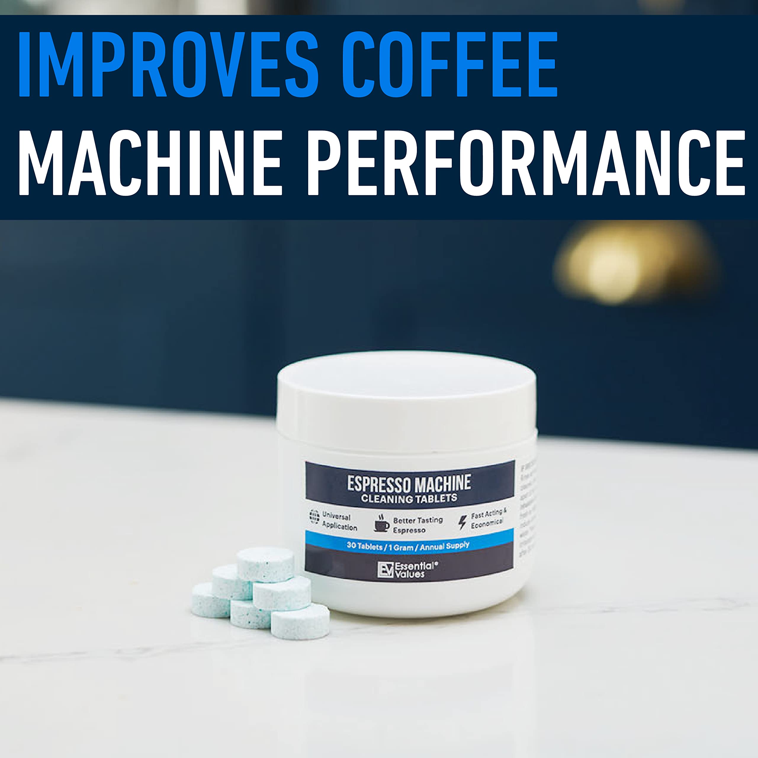 Essential Values descaler tablets labeled for Jura compatibility for coffee machines