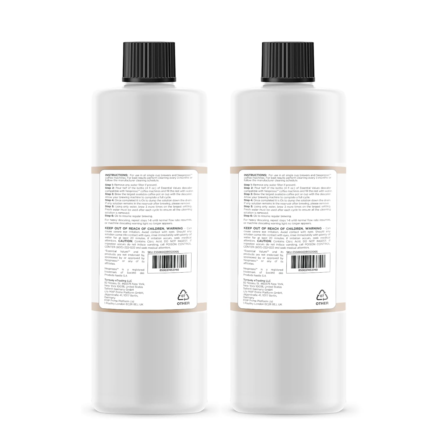 Close-up of Essential Values descaling solution bottle highlighting cleaning power.