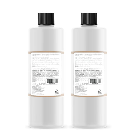 Close-up of Essential Values descaling solution bottle highlighting cleaning power.
