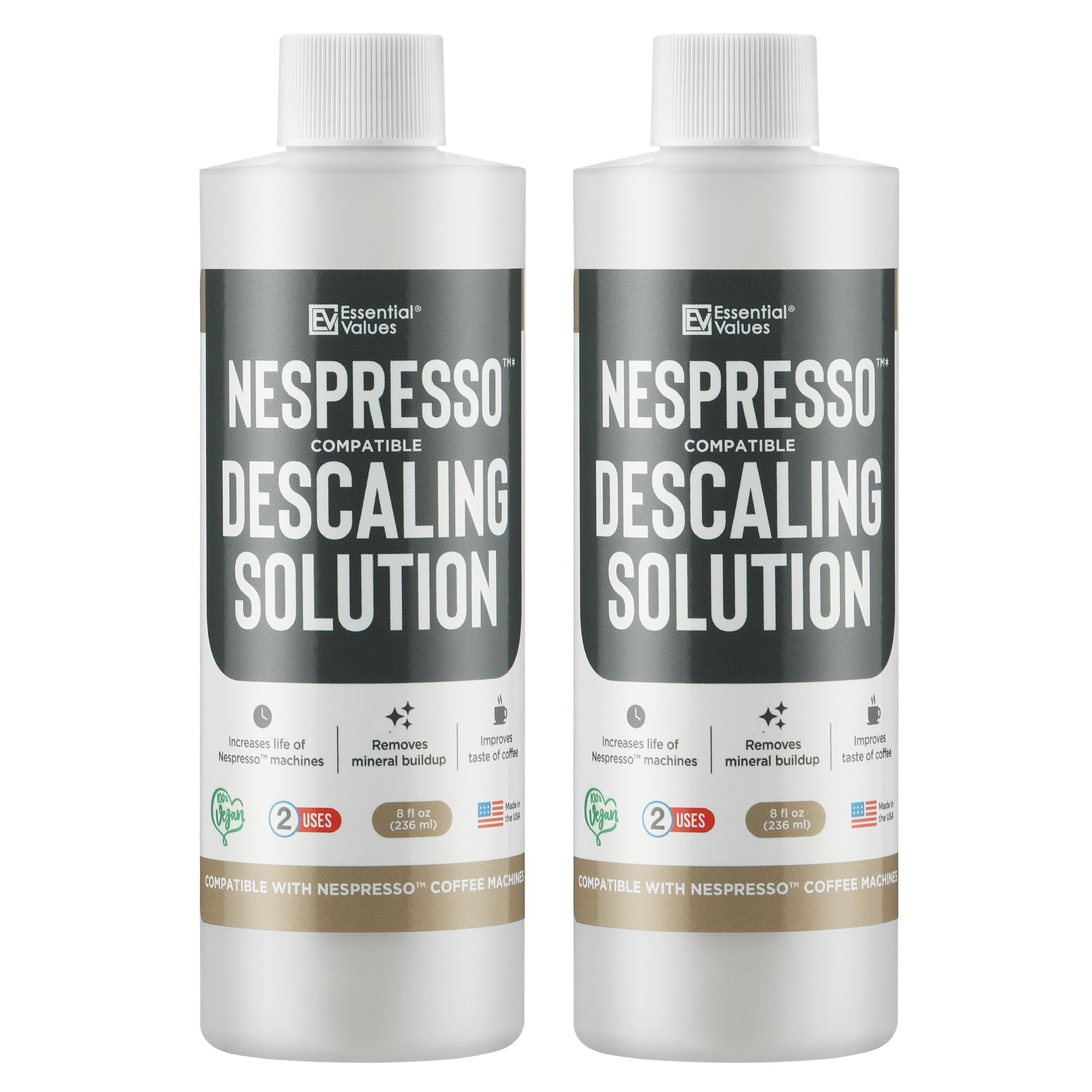 Essential Values descaling solution bottle being poured for coffee machine cleaning.