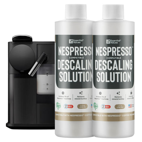 Label close-up shows Essential Values USA-made descaler formula.