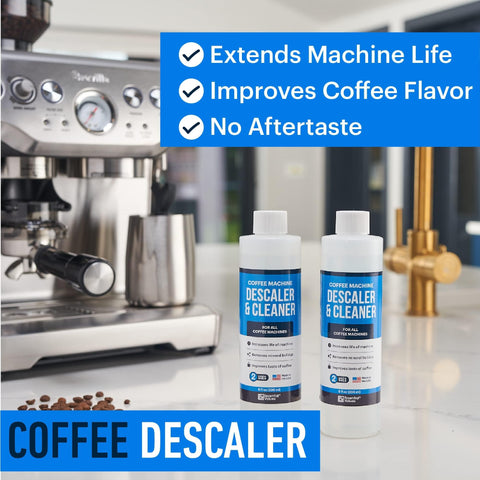 Essential Values Descaling Solution label highlights compatibility with major brands