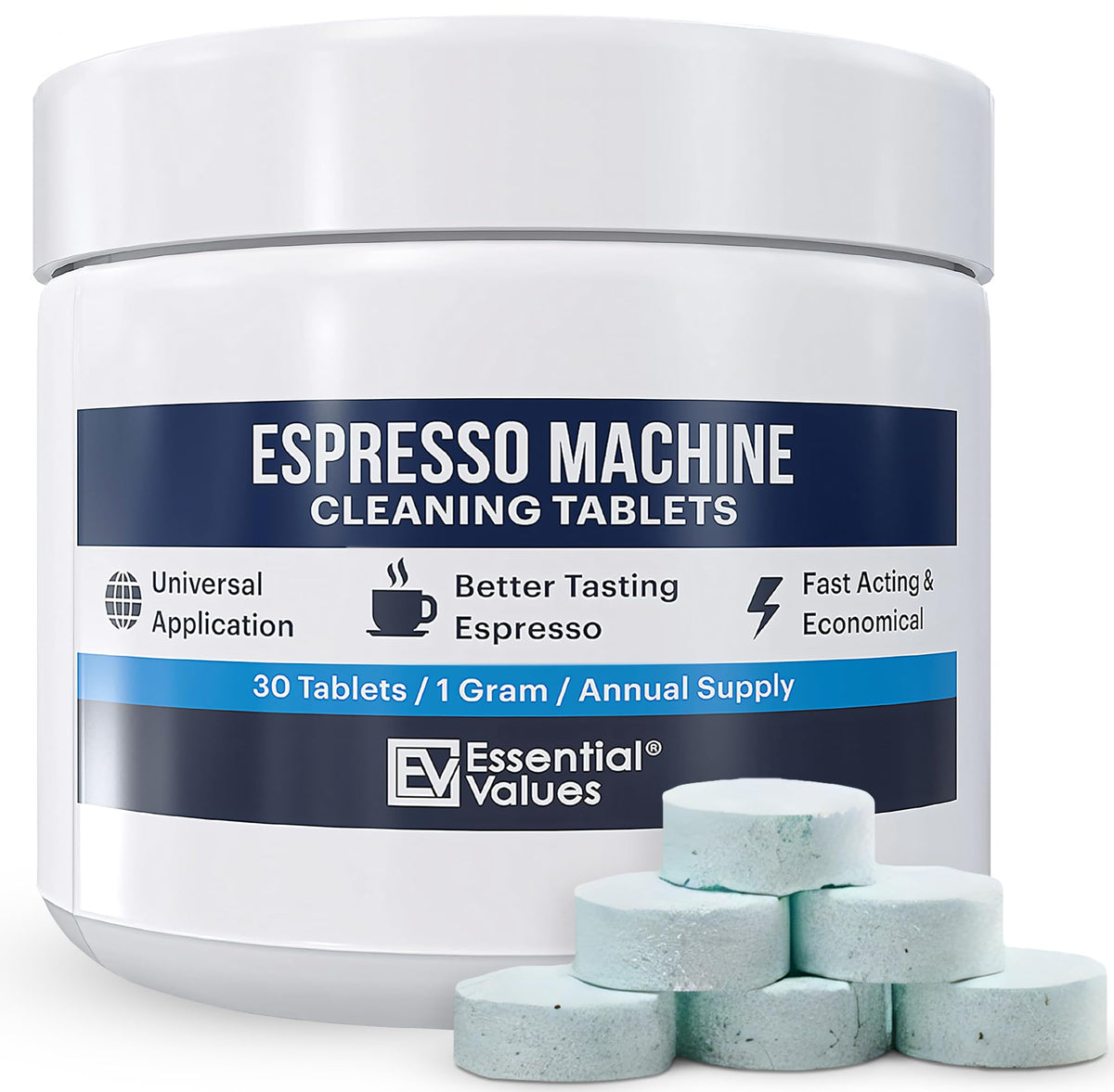 Essential Values espresso cleaning tablets 30-count pack shot for limescale removal