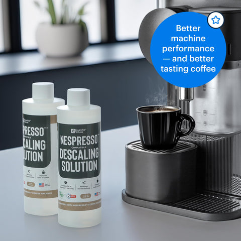 Nespresso machine cleaning action using Essential Values descaler on espresso maker.