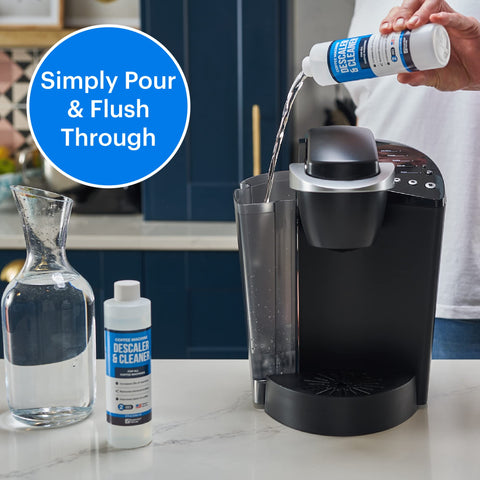 Essential Values USA-made cleaner for home coffee machines with eco packaging.