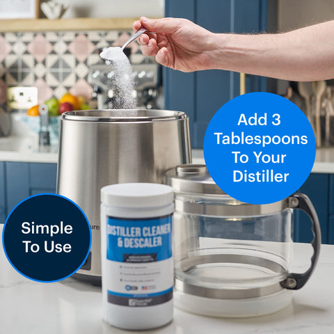 Water distiller interior view highlights deep cleaning action by citric powder